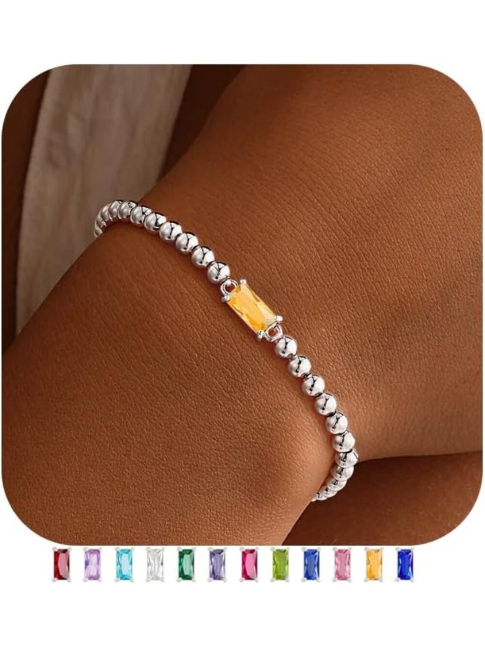 Women's Yellow Silver Plated Birthstone Beaded Bracelet Dainty Jewelry Gift